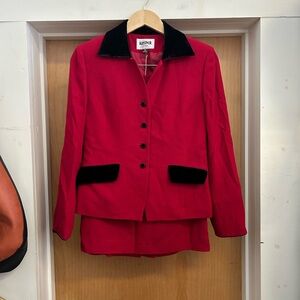 Kasper 90s Power Skirt Suit Mob Wife Red with Black Velvet Accents - size 6P